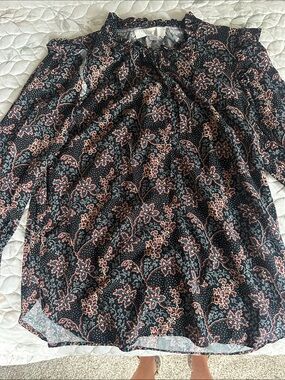 LOFT Black Floral Cold-Shoulder Blouse with Pink Accents